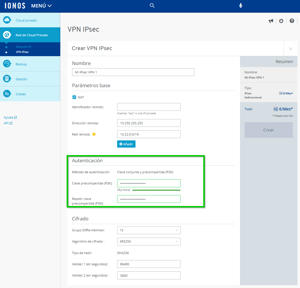 Captura de pantalla: se muestra la sección para crear VPN IPsec en el Cloud Panel. En esta sección se resaltan los campos de clave precompartida (PSK) y su repetición