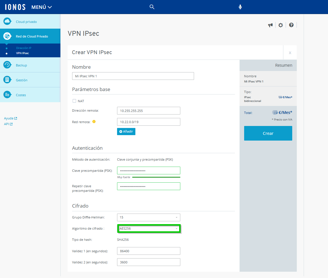 Captura de pantalla: se muestra el área Crear IPsec VPN en el Cloud Panel. En esta área, el campo Algoritmo de cifrado está resaltado