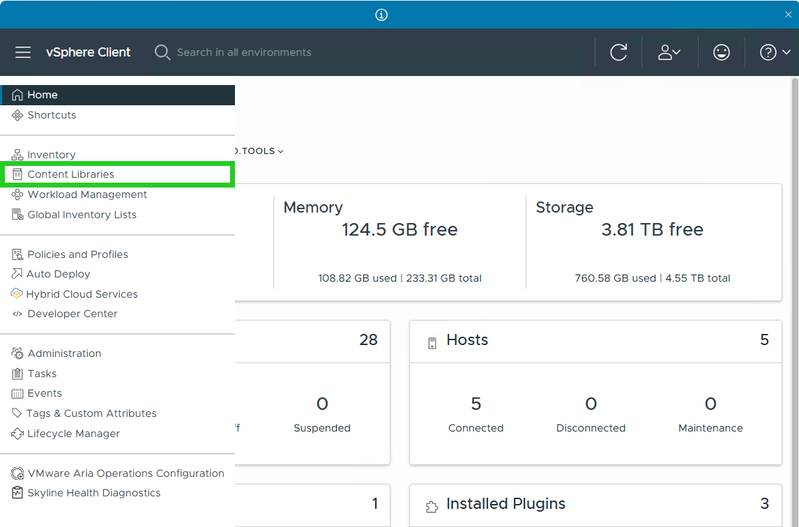 Captura de pantalla: se muestra el menú de vSphere abierto. En este menú, la opción Content Libraries aparece resaltada