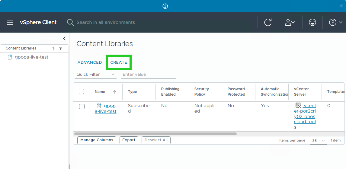 Captura de pantalla: se muestra la sección Content Libraries. Debajo del encabezado aparece el botón para crear e iniciar la configuración