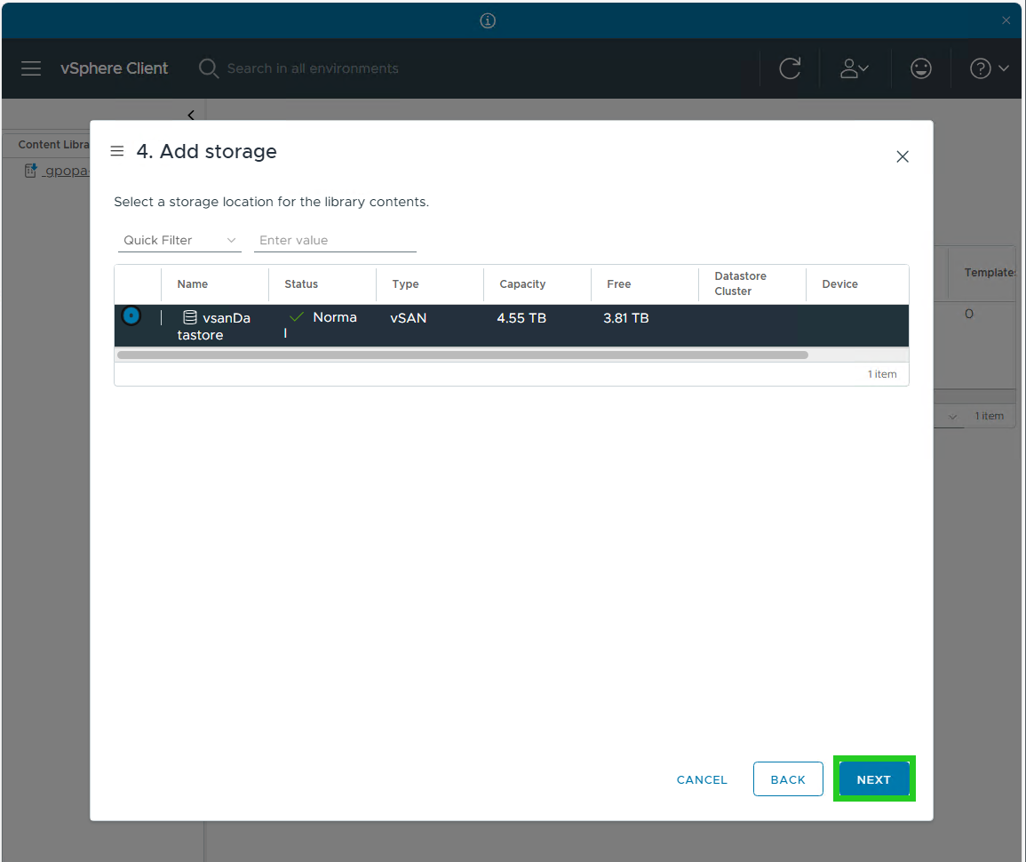 Captura de pantalla: se muestra la ventana 4. Add storage. En esta ventana, el botón para continuar aparece resaltado