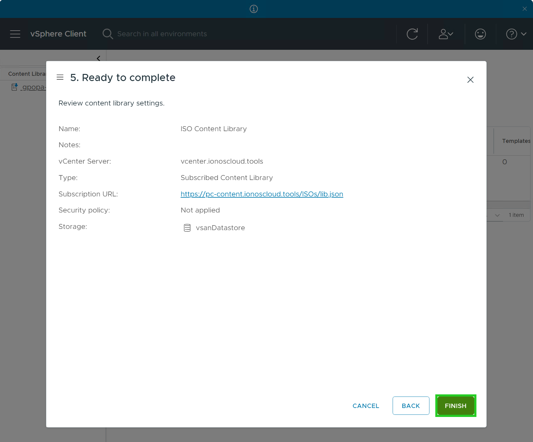 Captura de pantalla: se muestra la ventana para finalizar. En esta ventana, el botón para finalizar aparece resaltado