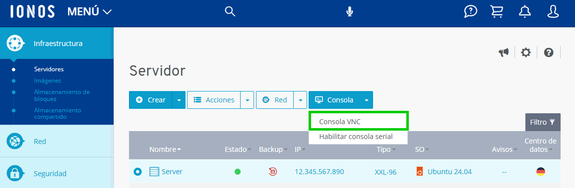 Captura de pantalla: botón para activar la consola VNC resaltado en el Cloud Panel