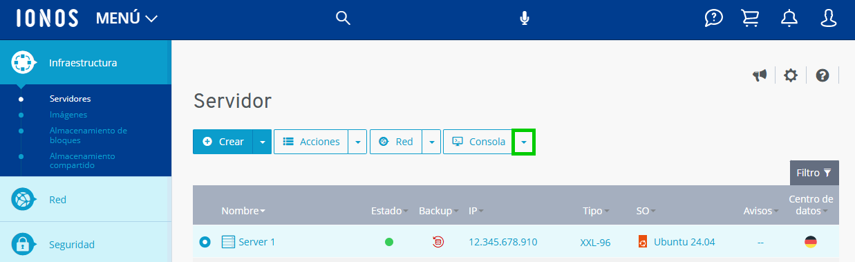 Captura de pantalla: opciones de consola señaladas en Cloud Panel