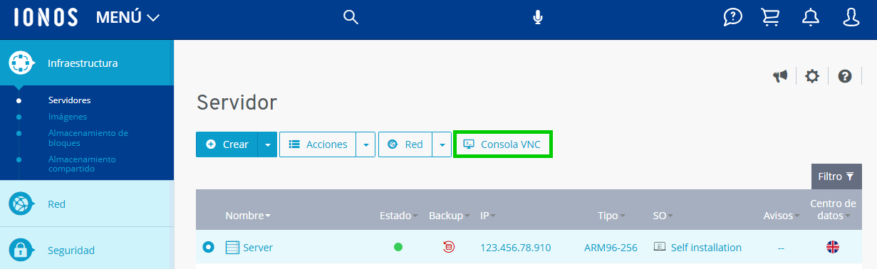 Captura de pantalla: la pestaña de Consola VNC señalada en sección Infraestructura > Servidores