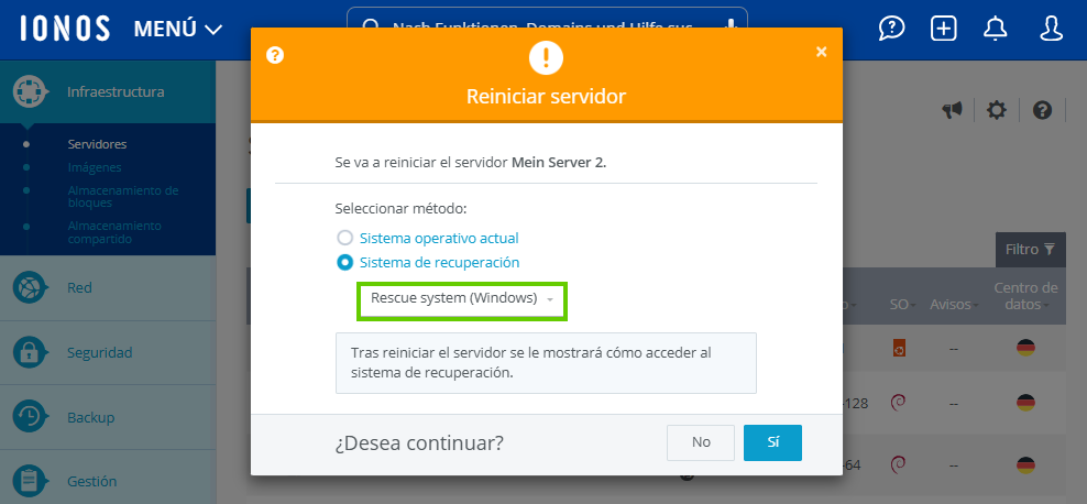 Captura de pantalla: ventana de métodos para reiniciar el servidor en el que se resalta la opción del sistema de recuperación