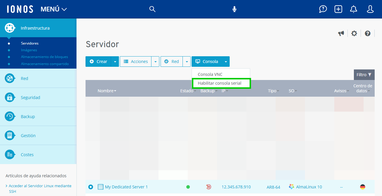 Captura de pantalla: la sección Infraestructura > Servidor se muestra en el Cloud Panel. En esta sección, debajo del botón Consola, se resalta el botón para habilitar la consola serial