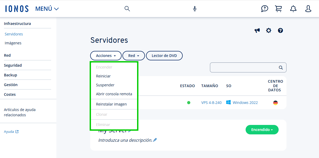 Captura de pantalla: menú de acciones de servidor abierto desde Infraestructura > Servidores en el Cloud Panel