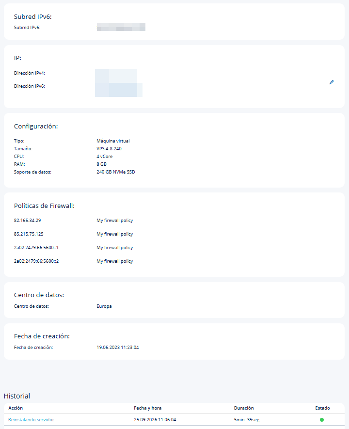 Captura de pantalla: características del servidor desde Infraestructura > Servidores en el Cloud Panel 