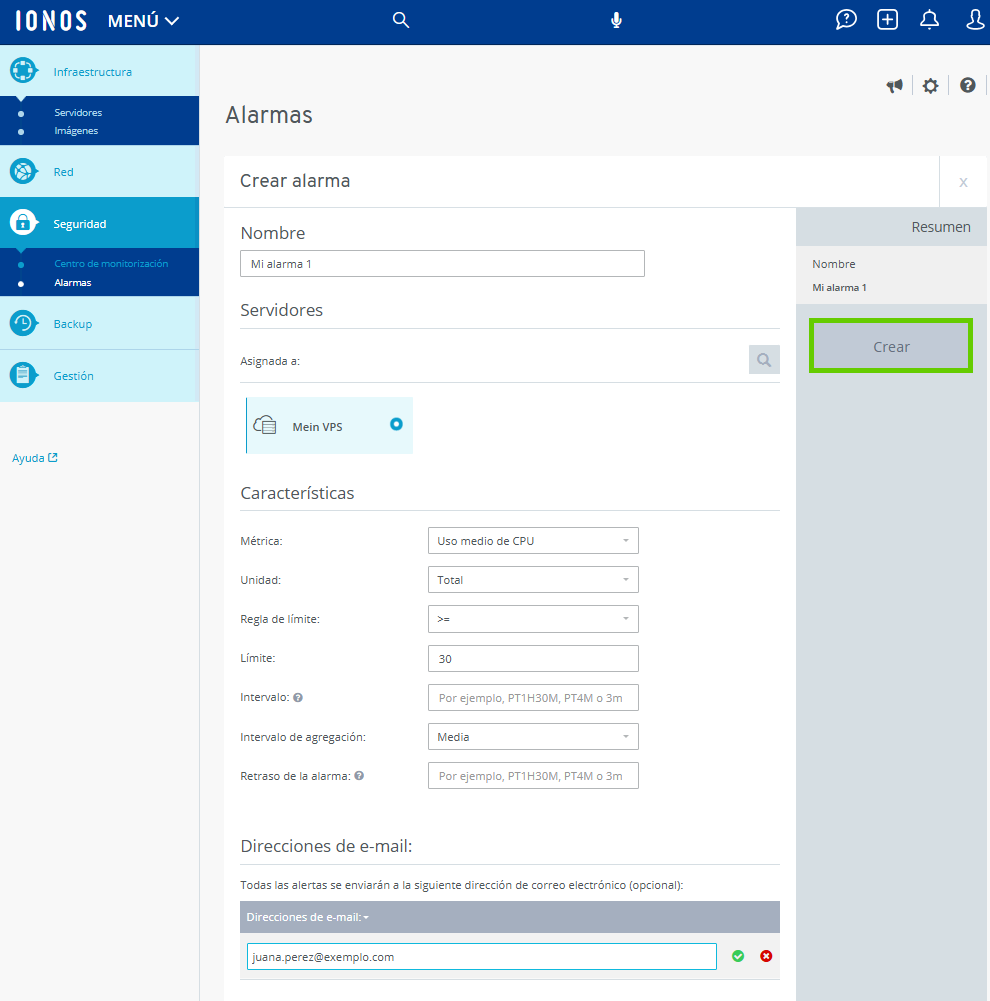 Captura de pantalla: la sección para crear alarmas se muestra en el Cloud Panel. En esta sección se resalta el botón para la opción de crear