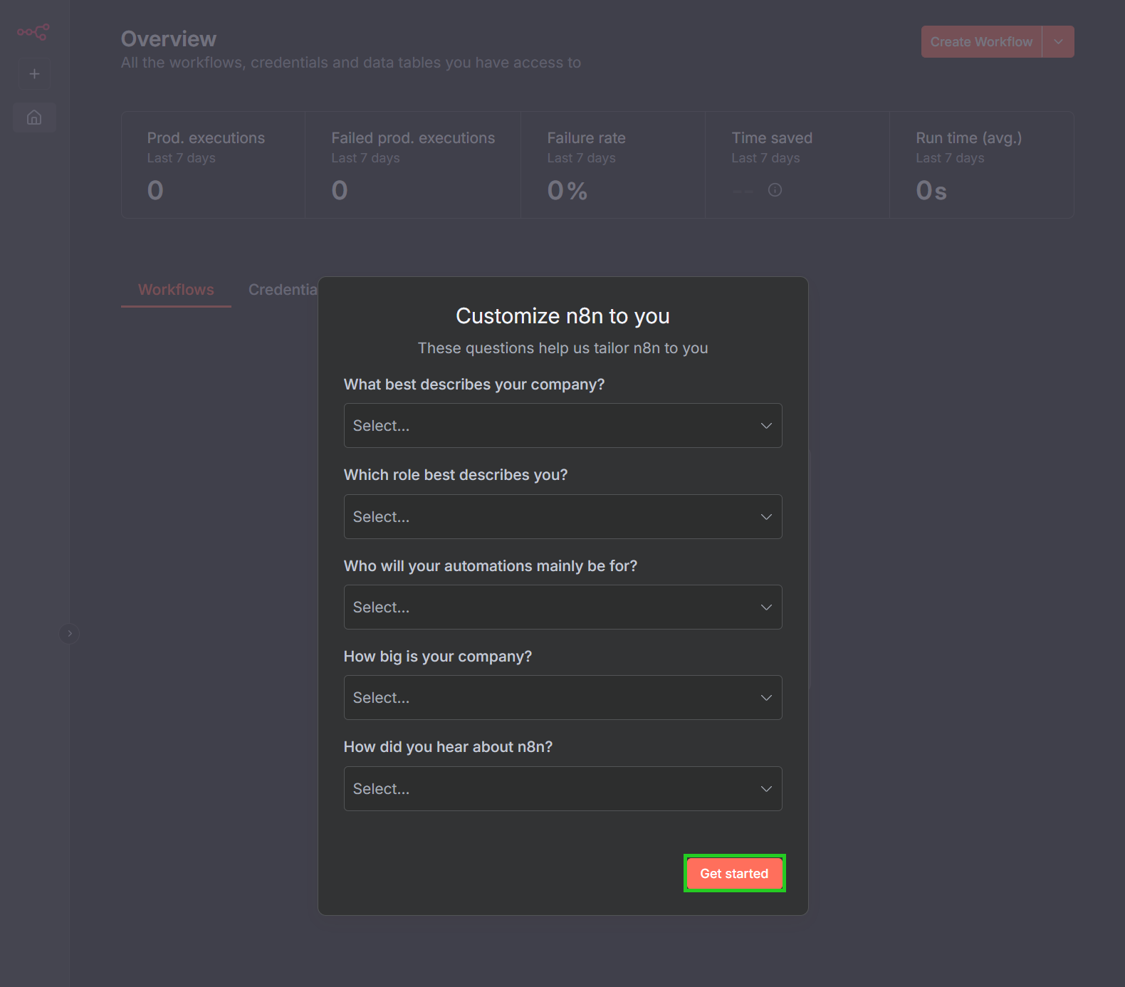 Captura de pantalla: se resalta el botón para comenzar en la ventana de personalización n8n