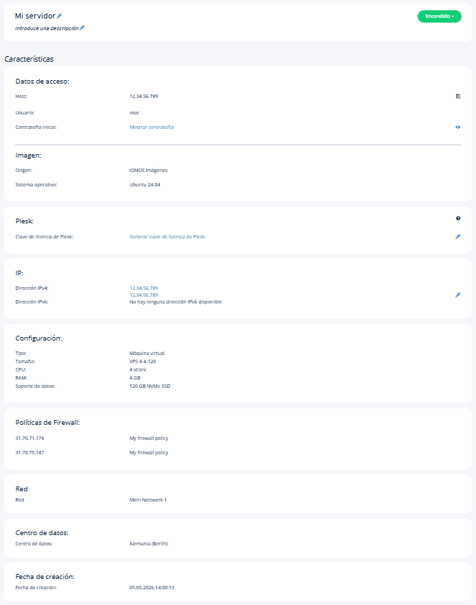 Captura de pantalla: la sección Infraestructura > Servidores se muestra en el Cloud Panel. En esta sección se muestran los detalles del servidor. Estos incluyen, entre otros, información de acceso y configuración, así como políticas de firewall.