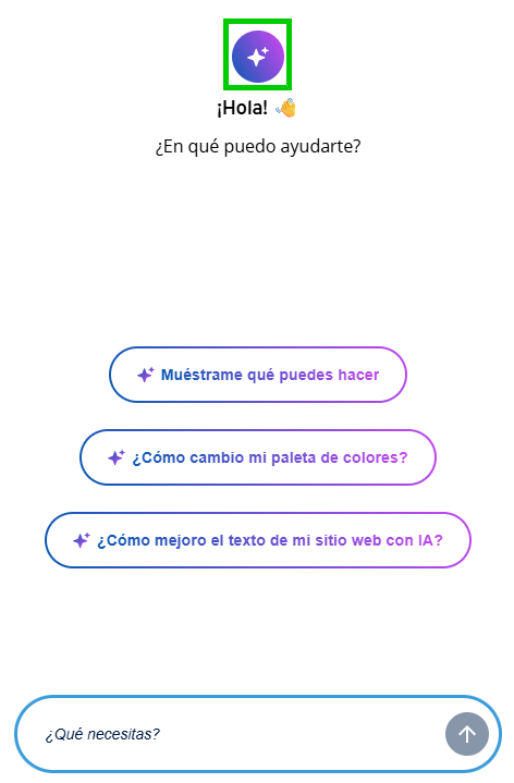 Captura de pantalla: la ventana de chat del asistente de MyWebsite Now. El icono para abrir el asistente está destacado.