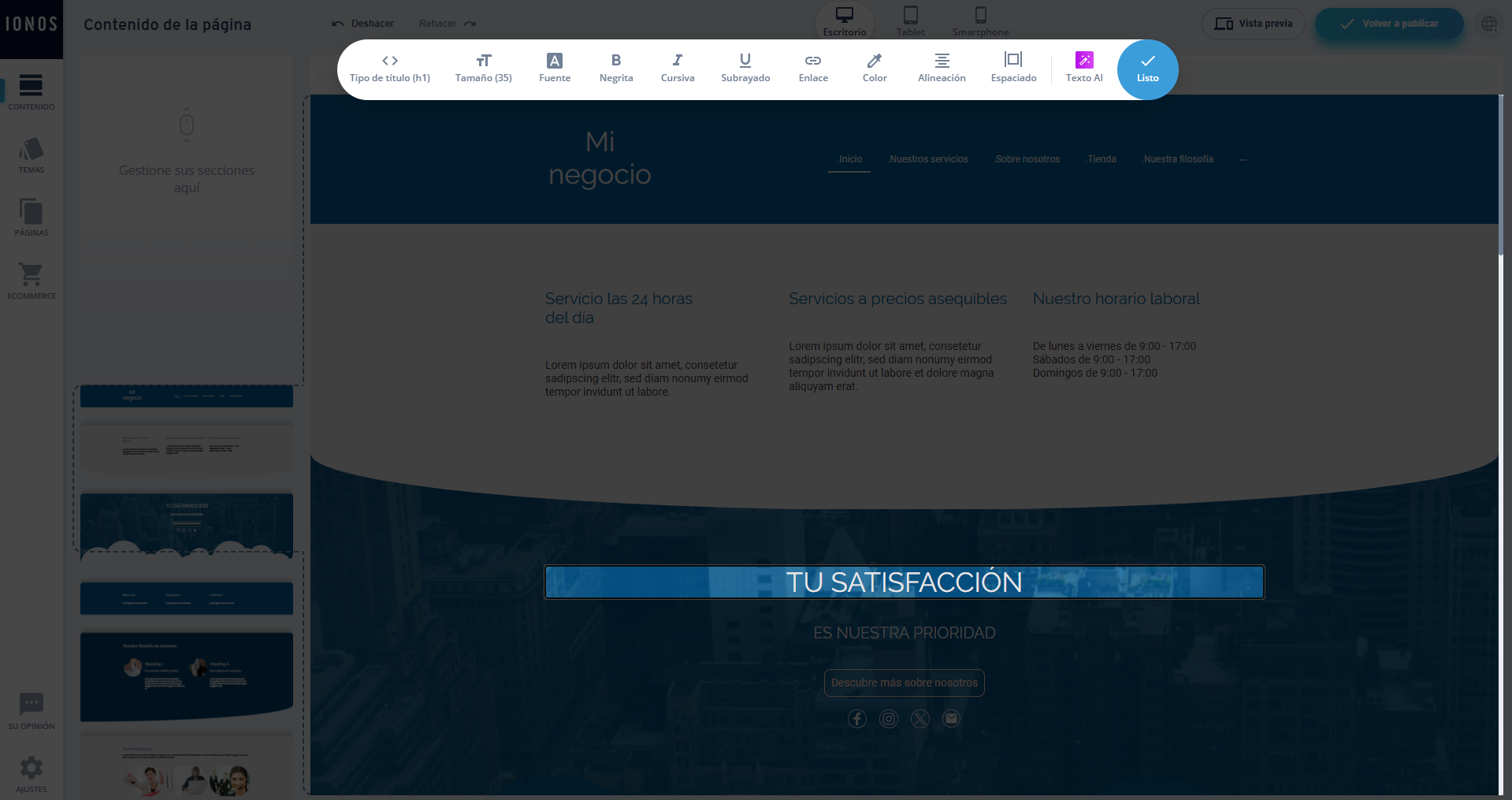 Captura de pantalla: la barra herramientas para editar un elemento textual aparece destacada