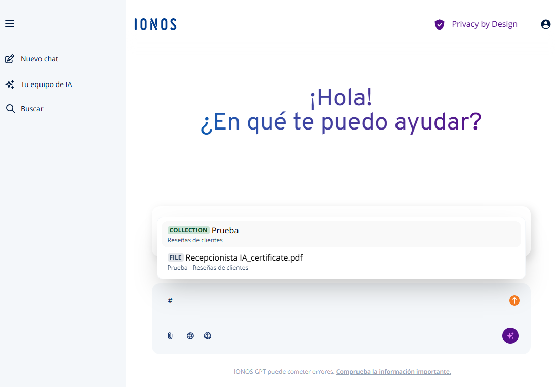 Captura de pantalla: interfaz de uso de IONOS GPT. En la sección de chat está abierto el menú para añadir archivos de la base de conocimientos.