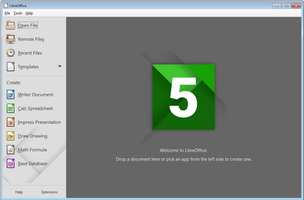 Pantalla de inicio de LibreOffice