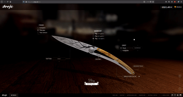GIF con presentación interactiva en 3D en la página de ventas del vendedor de cuchillos Deejo.