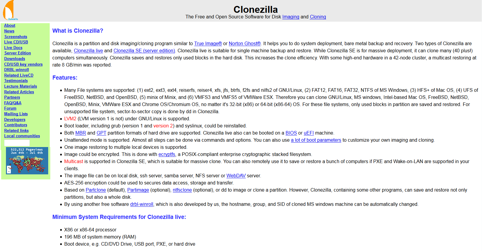 Página web del proyecto Clonezilla