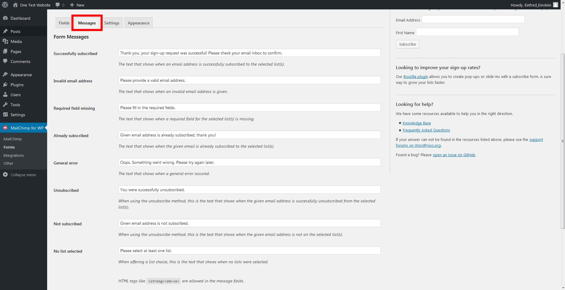 Vista de los mensajes en el plugin de MailChimp para WordPress