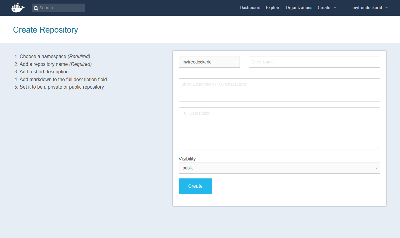 Docker Hub: formulario para la creación de un repositorio