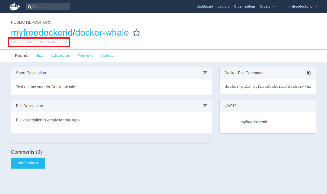 Docker Hub: repositorio myfreedockerid/docker-whale en la vista detallada