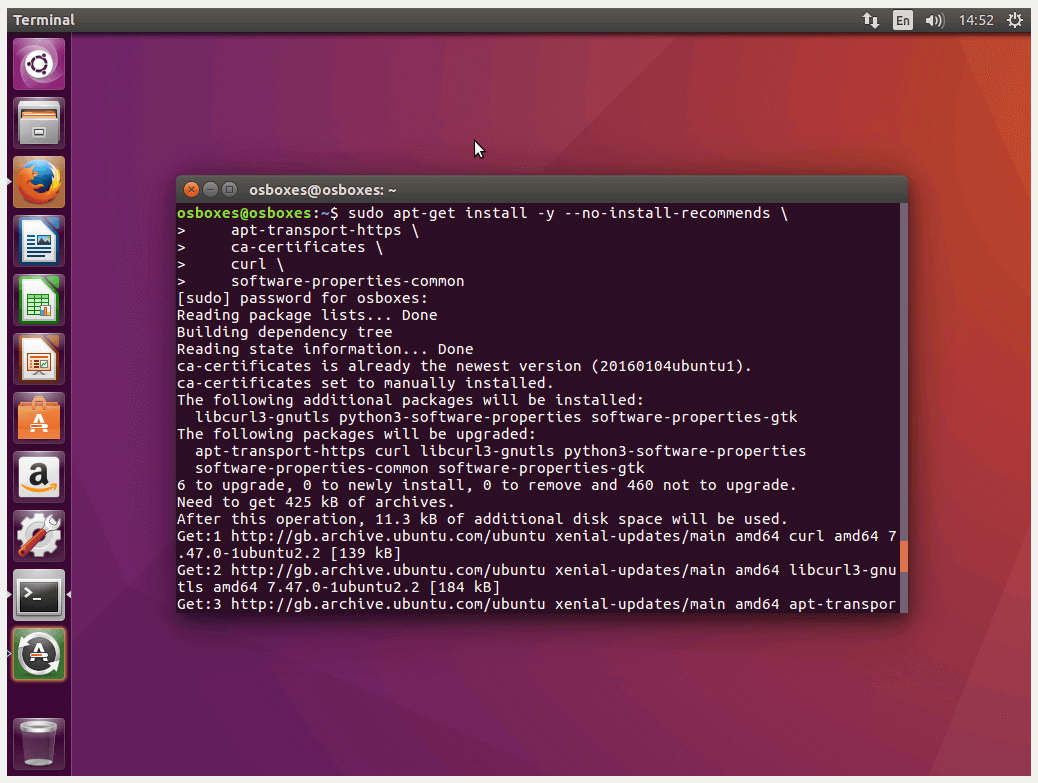Instalación del paquete de configuración en la terminal de Ubuntu