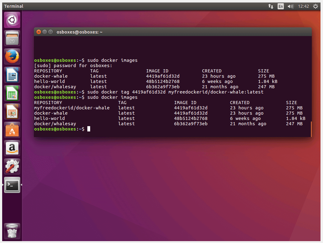 Terminal Ubuntu: vista general de las imágenes antes y después del tagging