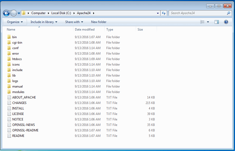 Vista de los archivos del servidor web Apache local en el directorio Apache24