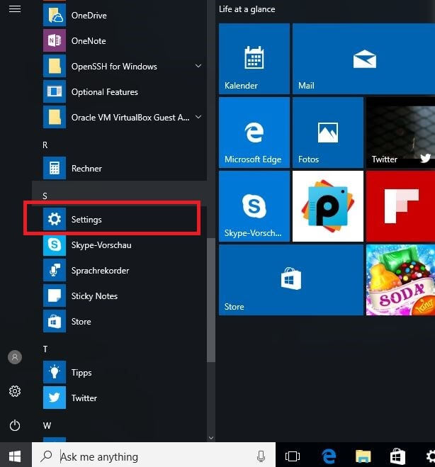 Menú de inicio en Windows 10
