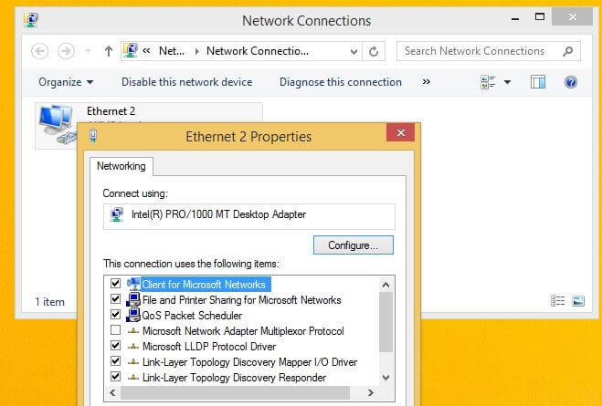 Ventana que muestra las propiedades de la conexión de red seleccionada en Windows 8