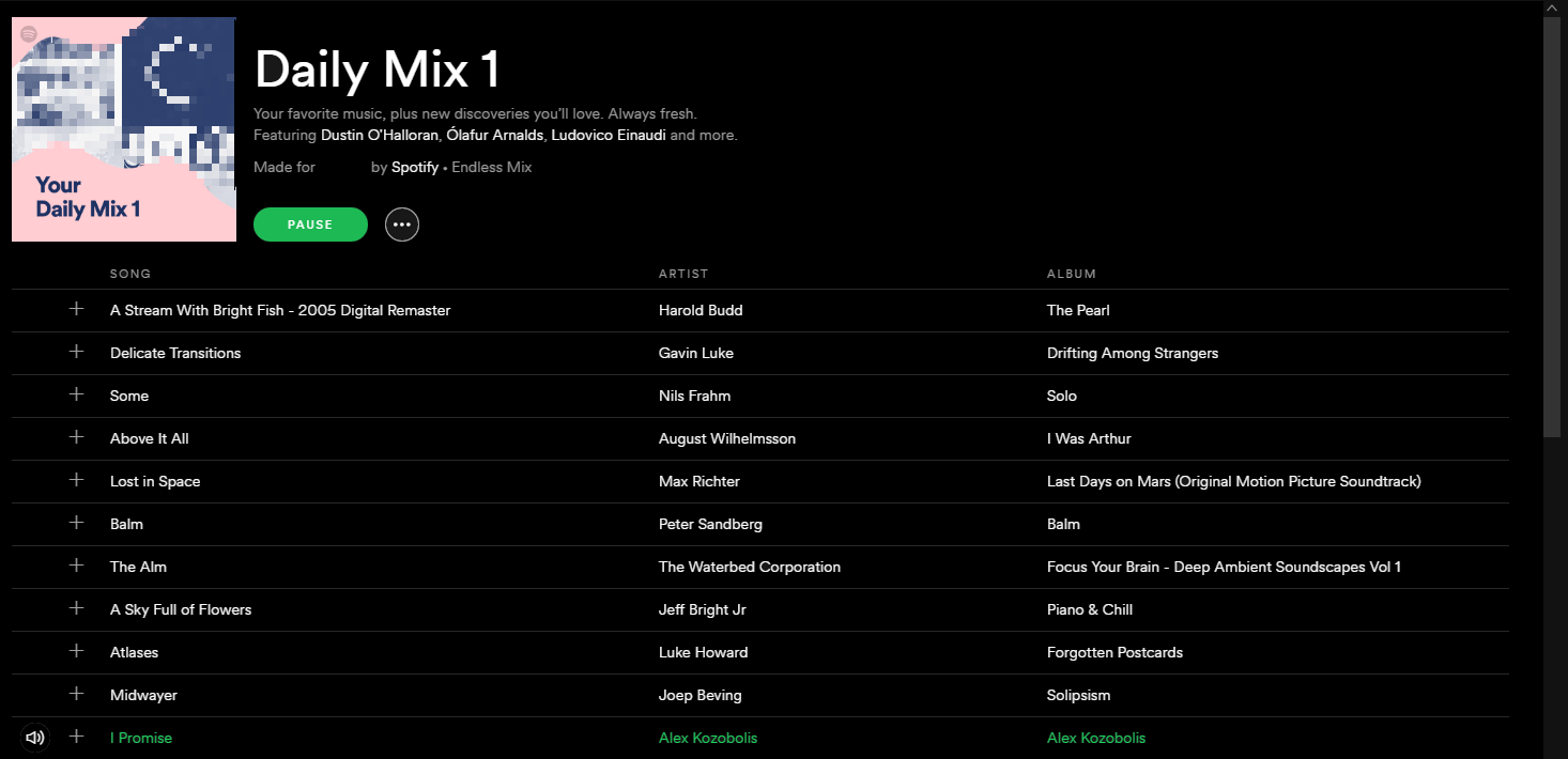 Captura de pantalla de una lista personalizada de canciones creada por Spotify