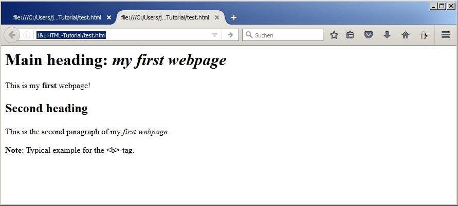 Vista de la página de prueba en el navegador con cursivas y negritas