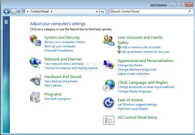 Panel de control en Windows 7