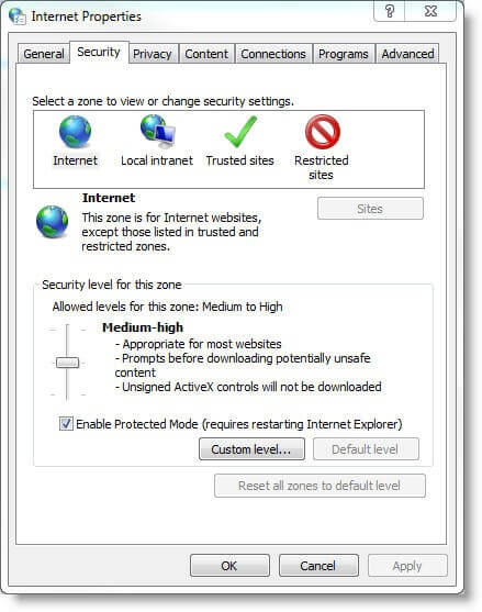 Menú “Internet Properties” en Windows 7