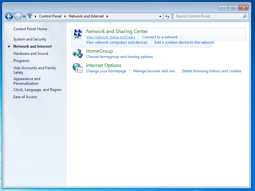 Opciones de red en Windows 7