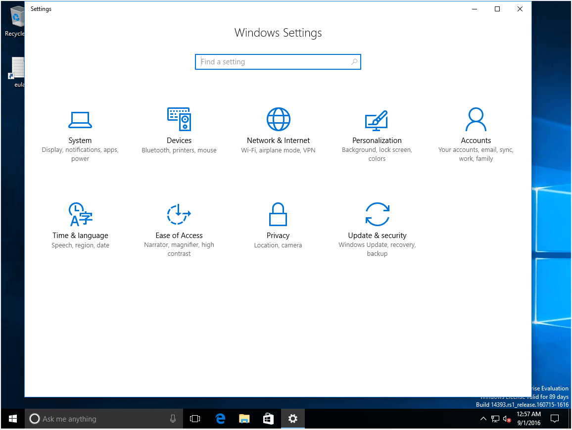 Pantalla de ajustes en Windows 10