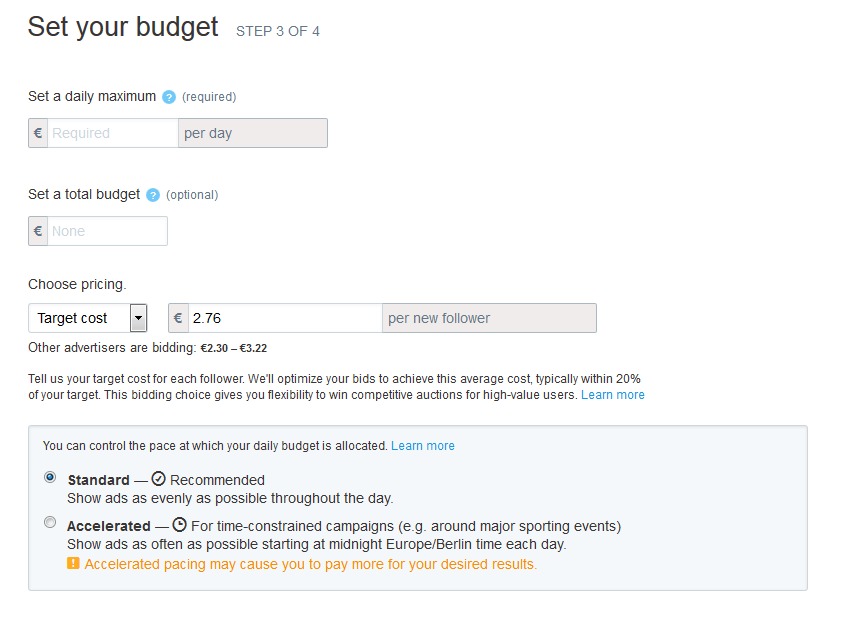 Captura de pantalla de la opción “Budget” (presupuesto) en la creación de campañas con Twitter Ads
