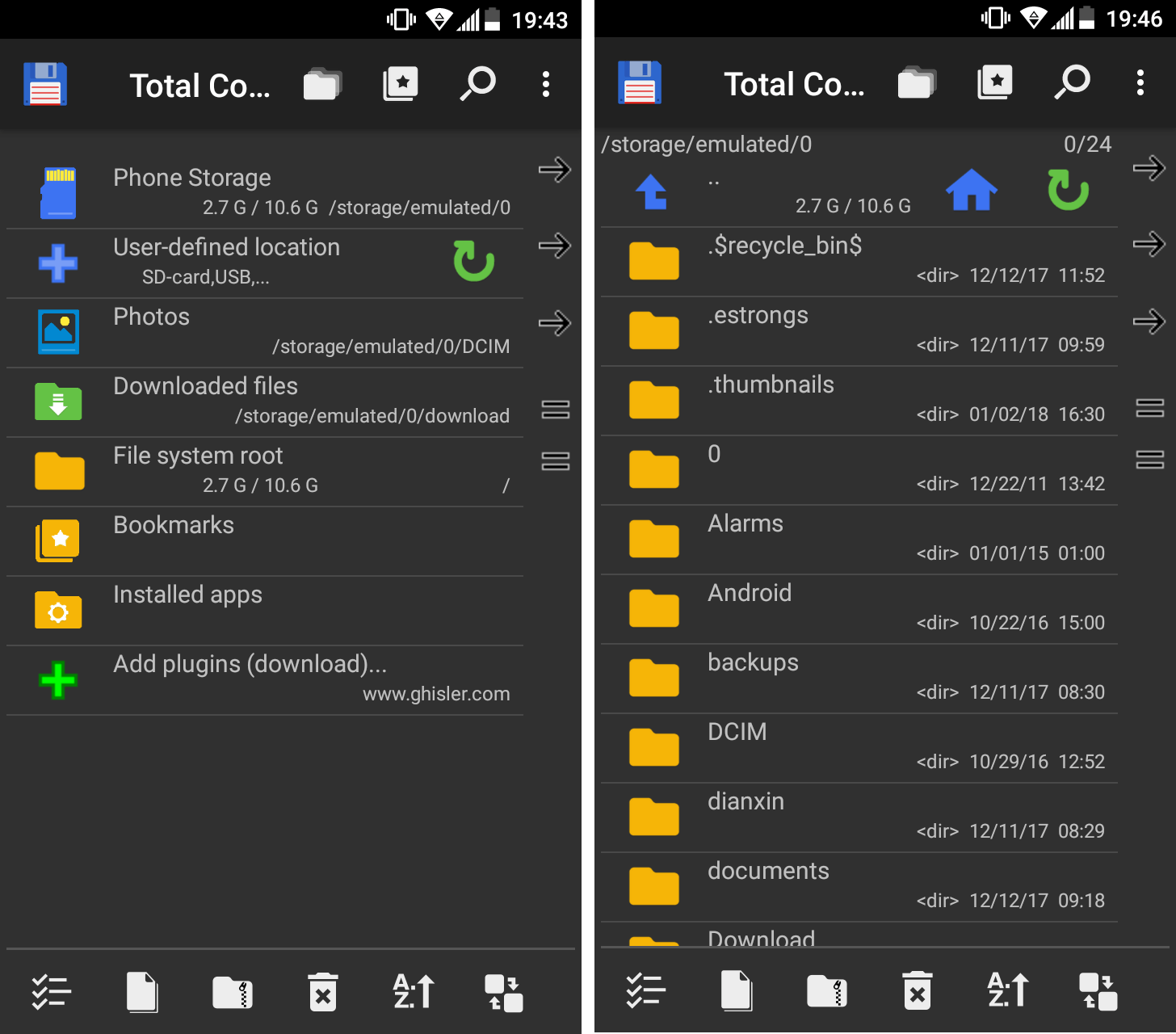 Gestor de archivos para Android Total Commander: menú de inicio y visualización de dos paneles virtuales
