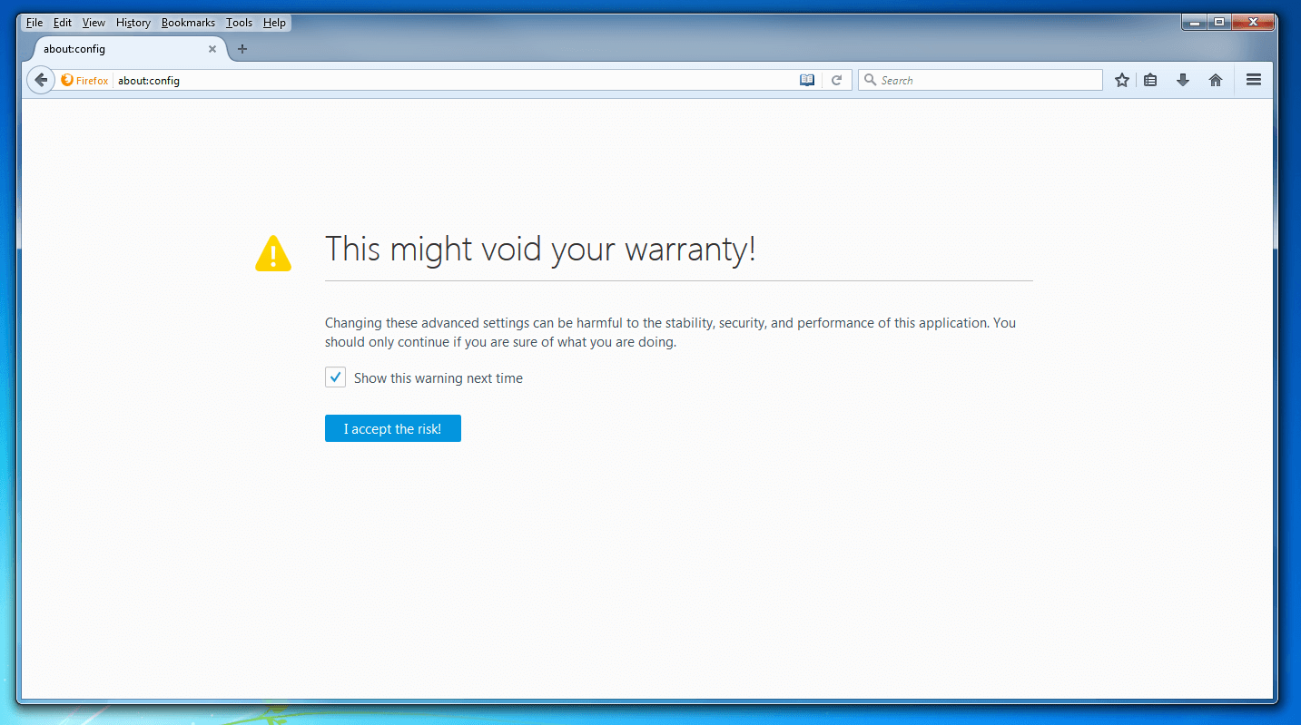 Advertencia de seguridad Firefox: “This might void your warranty” (“¡Esto puede cancelar su garantía!”