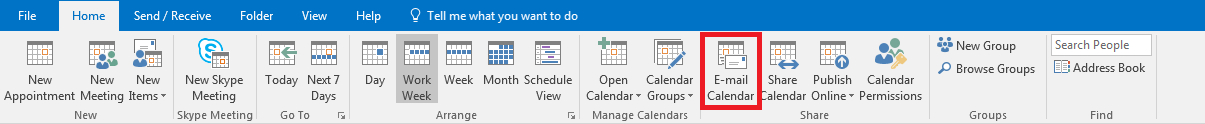 Outlook: barra de herramientas de la vista del calendario en la pestaña “Home” (Inicio)