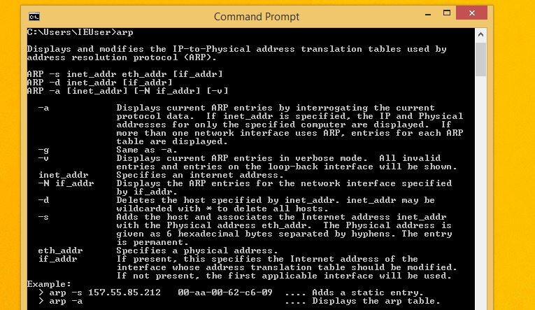 Windows: menú de opciones de ARP en el terminal de líneas de comandos