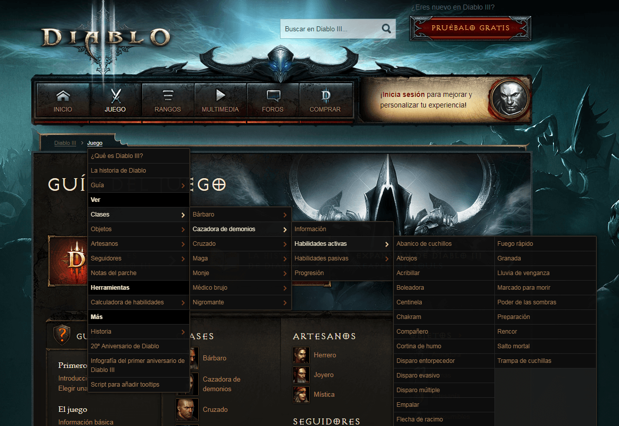 Captura de pantalla de la página web oficial de Diablo III