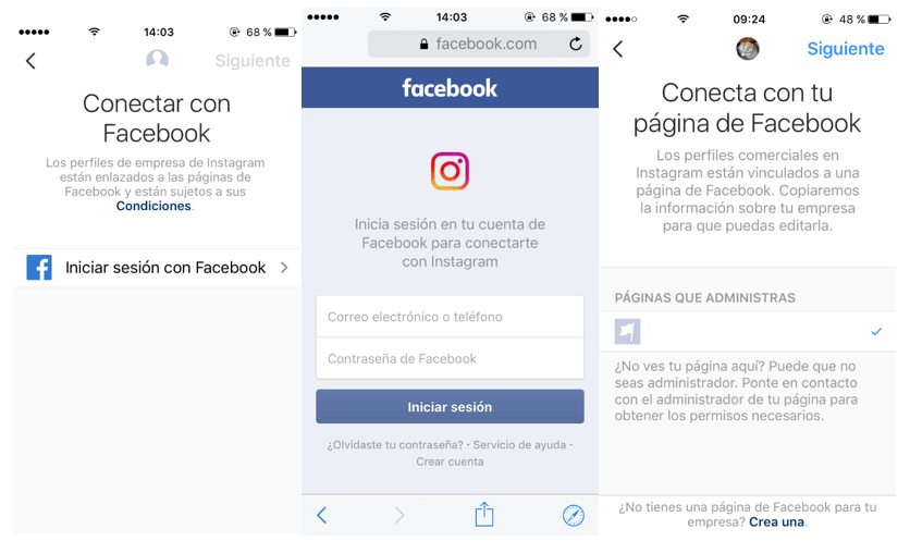 Solicitud para conectar la cuenta de Instagram con Facebook