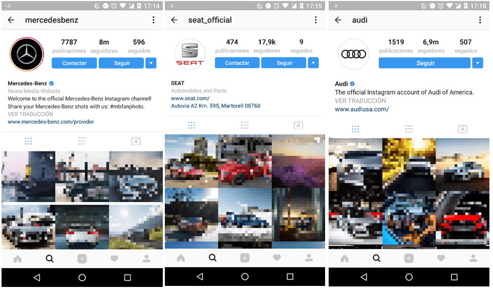 Captura de pantalla de la cuenta oficial de Mercedes-Benz, Audi y Seat en Instagram