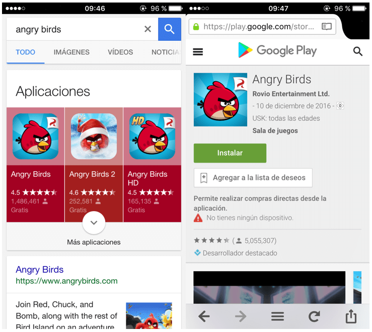 Búsqueda en Google Mobile y en Google Play de Angry Birds