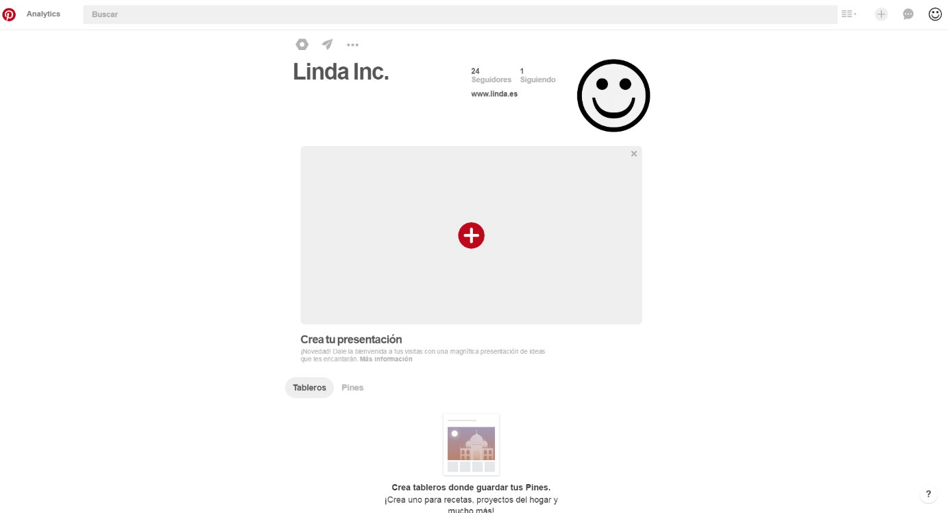 Vista de la página de perfil de Pinterest para crear tableros y presentaciones