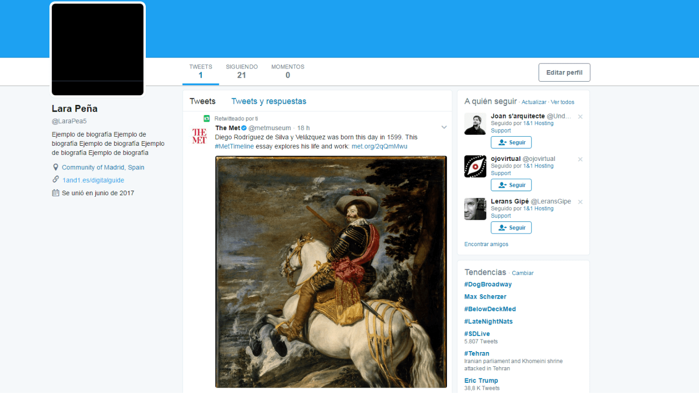 Captura de pantalla de una nueva cuenta en Twitter y su primer retuit