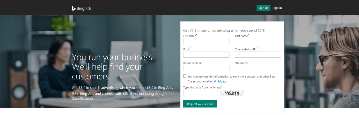 Ventana de inicio de sesión para crear una cuenta en Bing Ads