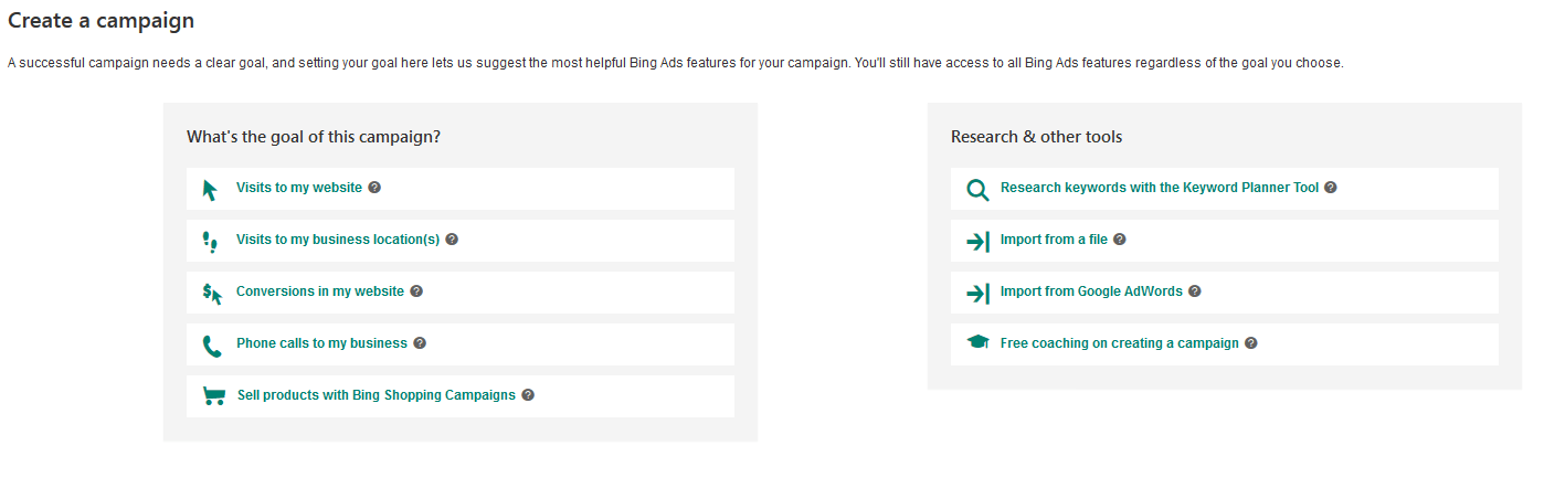 Menú para seleccionar objetivos al crear una campaña en los anuncios de Bing