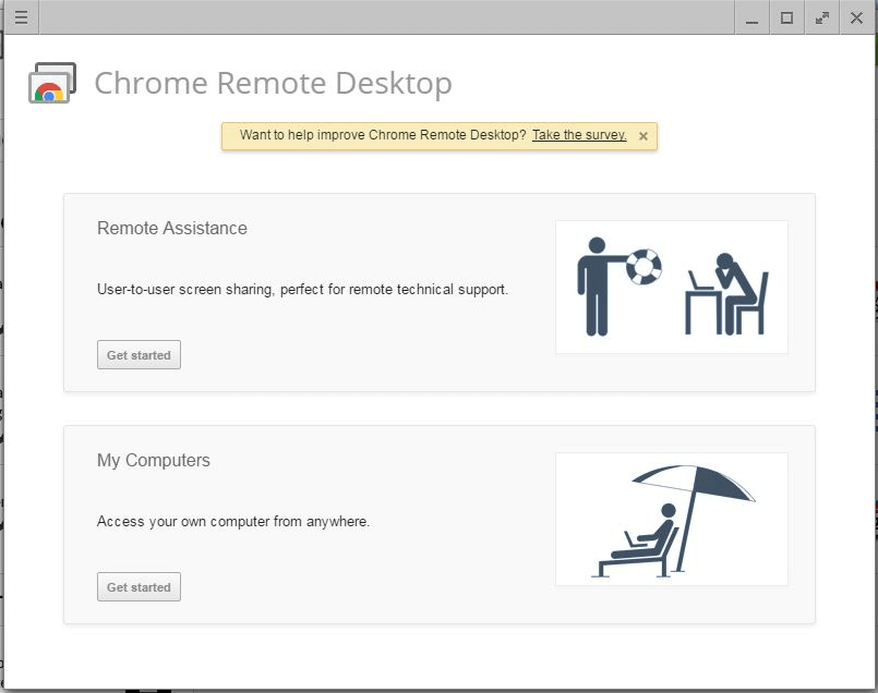 Pantalla de inicio del escritorio remoto de Chrome